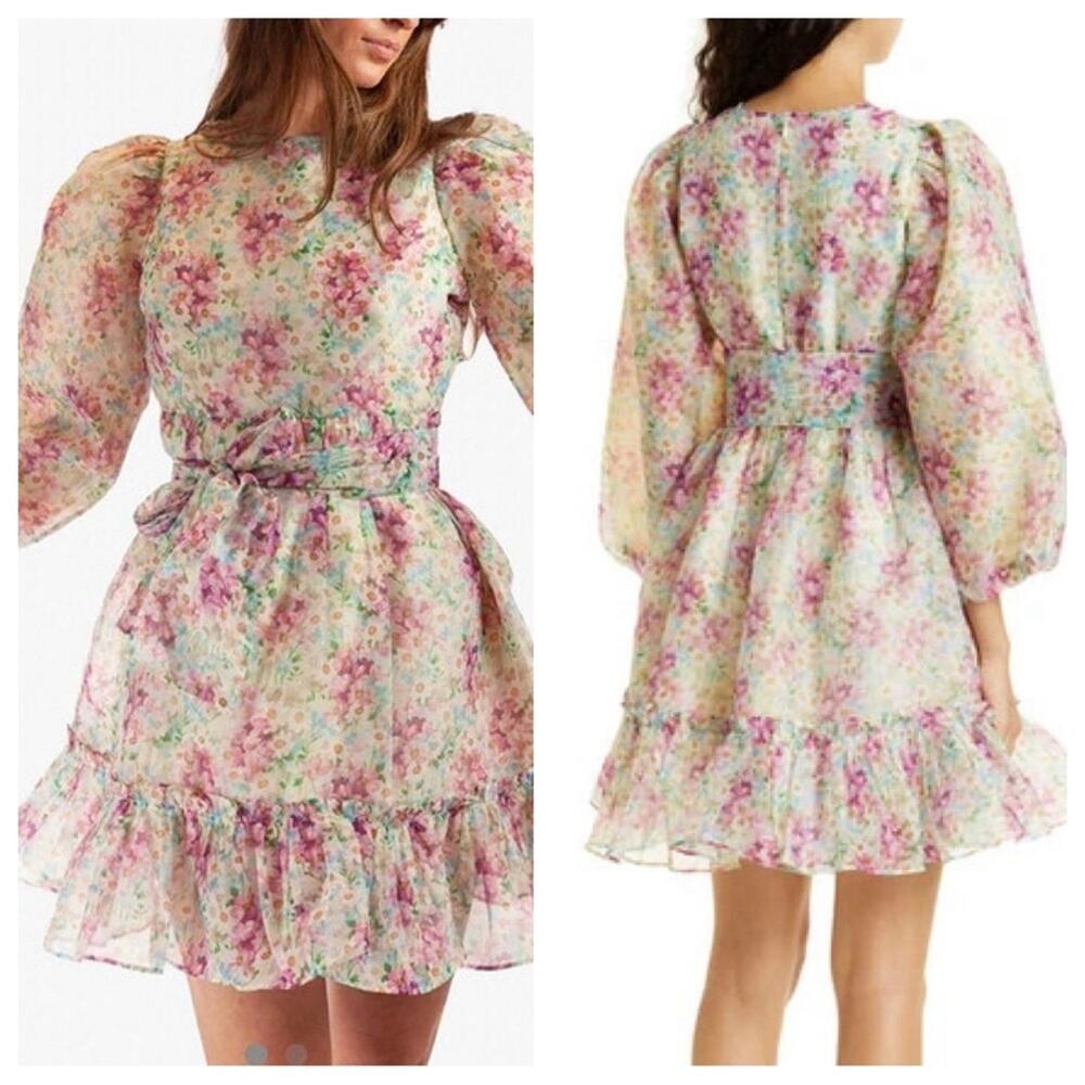 byTiMo | Womens Pink Floral Organza Puff Sleeve A Line Mini Cocktail Dress Short